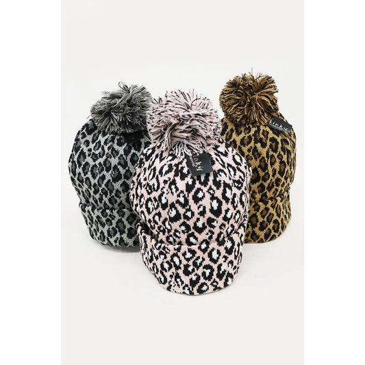 Leopard Print Pom Pom Beanie